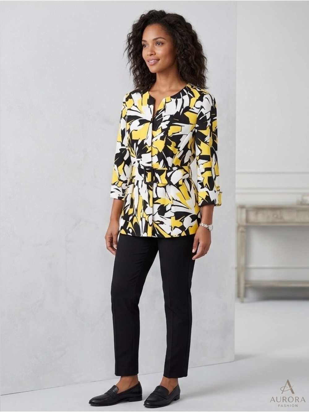 Harvé Benard Bold Graphic Floral Belted Blazer Jacket - Yellow, Black & White 12